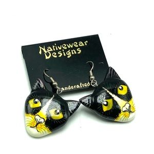 # NWT Women’s Vintage artisan wood paint novelty cat Kitty face